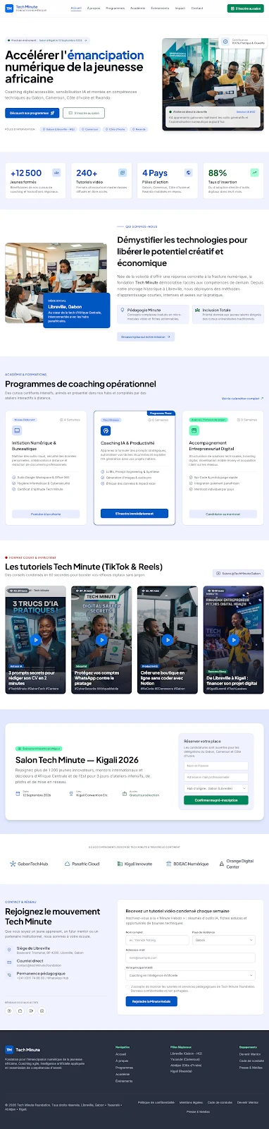 Maquette du portail Tech Minute Foundation : page d'accueil avec le message « Démystifier la tech pour la jeunesse africaine » et les pôles de la fondation.